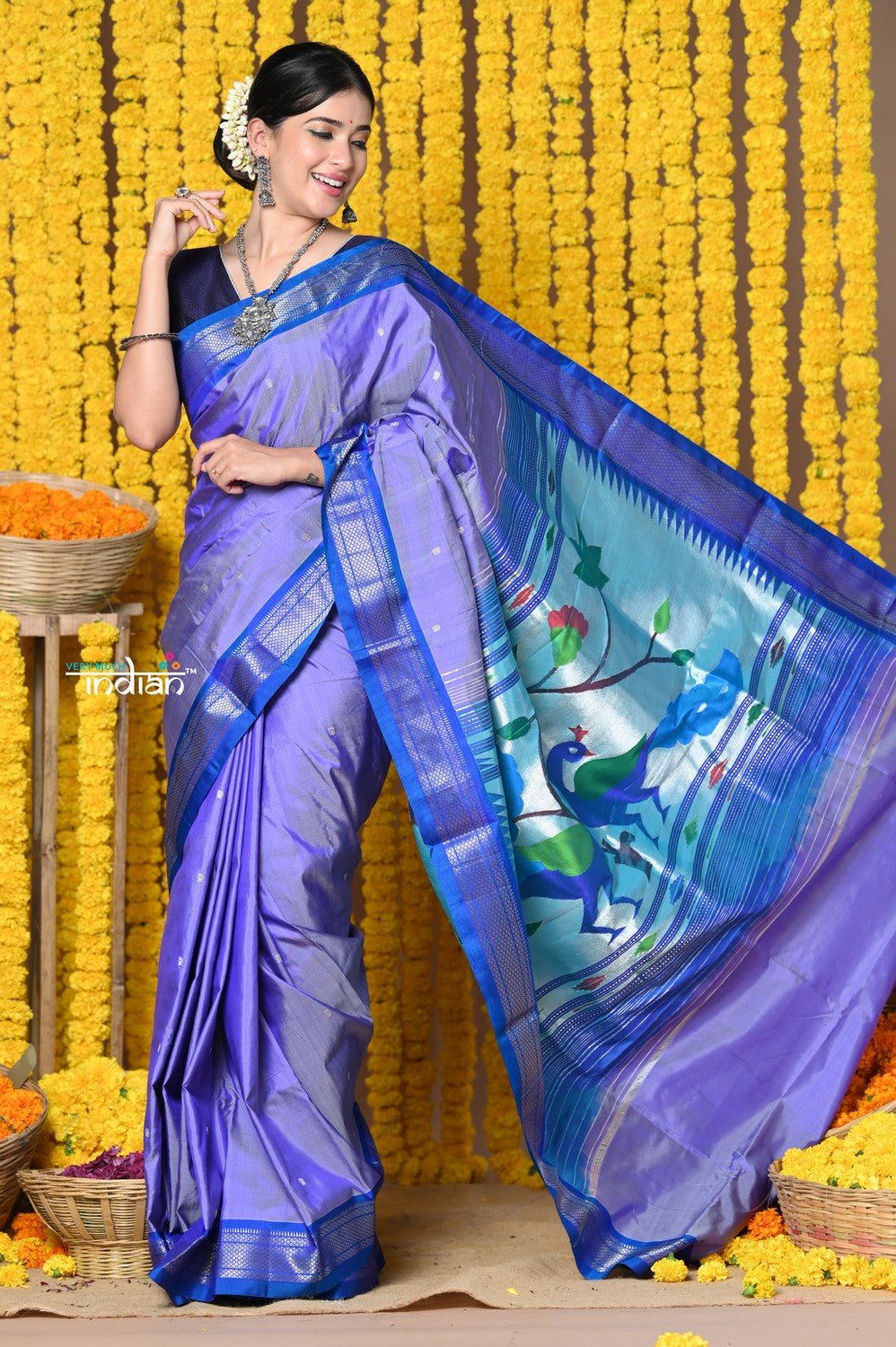Unique Bestseller ~ Handloom Pure Silk Paithani Saree With Handcrafted Peacock Pallu in Lavender Bloom (by Govt Certified Weavers) - verymuchindian.com