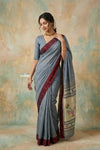 Virasat 2.0 ~ Handloom Pure Cotton Muniya Border Paithani With Muniya Buttis and Lotus Pallu ~ Grey - verymuchindian.com