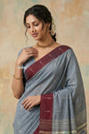 Virasat 2.0 ~ Handloom Pure Cotton Muniya Border Paithani With Muniya Buttis and Lotus Pallu ~ Grey - verymuchindian.com