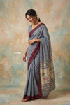 Virasat 2.0 ~ Handloom Pure Cotton Muniya Border Paithani With Muniya Buttis and Lotus Pallu ~ Grey - verymuchindian.com