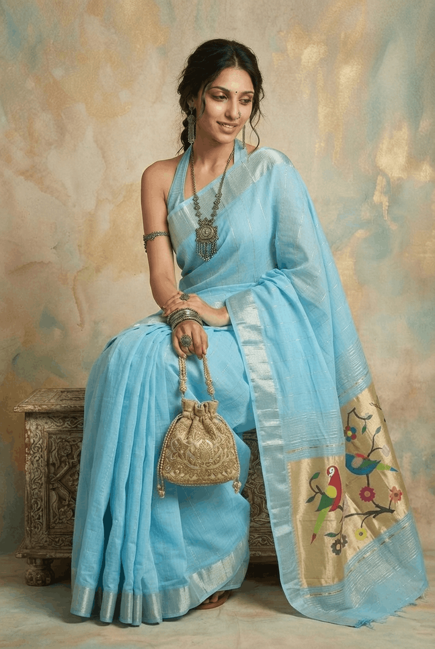 Virasat 2.0 ~ Handloom Pure Cotton Paithani In All Over Zari Lines With Parrot Pallu ~ Sky Blue - verymuchindian.com