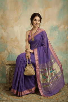 Virasat 2.0 ~ Handloom Pure Cotton Paithani With Asawali, Lotus & Peacock Pallu ~ Royal Purple - verymuchindian.com