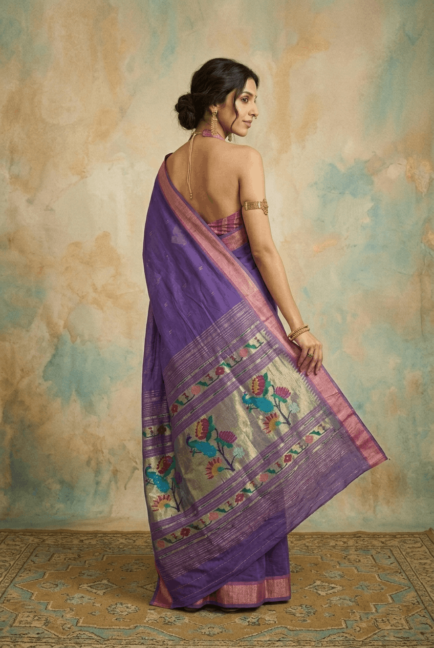 Virasat 2.0 ~ Handloom Pure Cotton Paithani With Asawali, Lotus & Peacock Pallu ~ Royal Purple - verymuchindian.com
