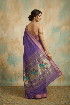 Virasat 2.0 ~ Handloom Pure Cotton Paithani With Asawali, Lotus & Peacock Pallu ~ Royal Purple - verymuchindian.com