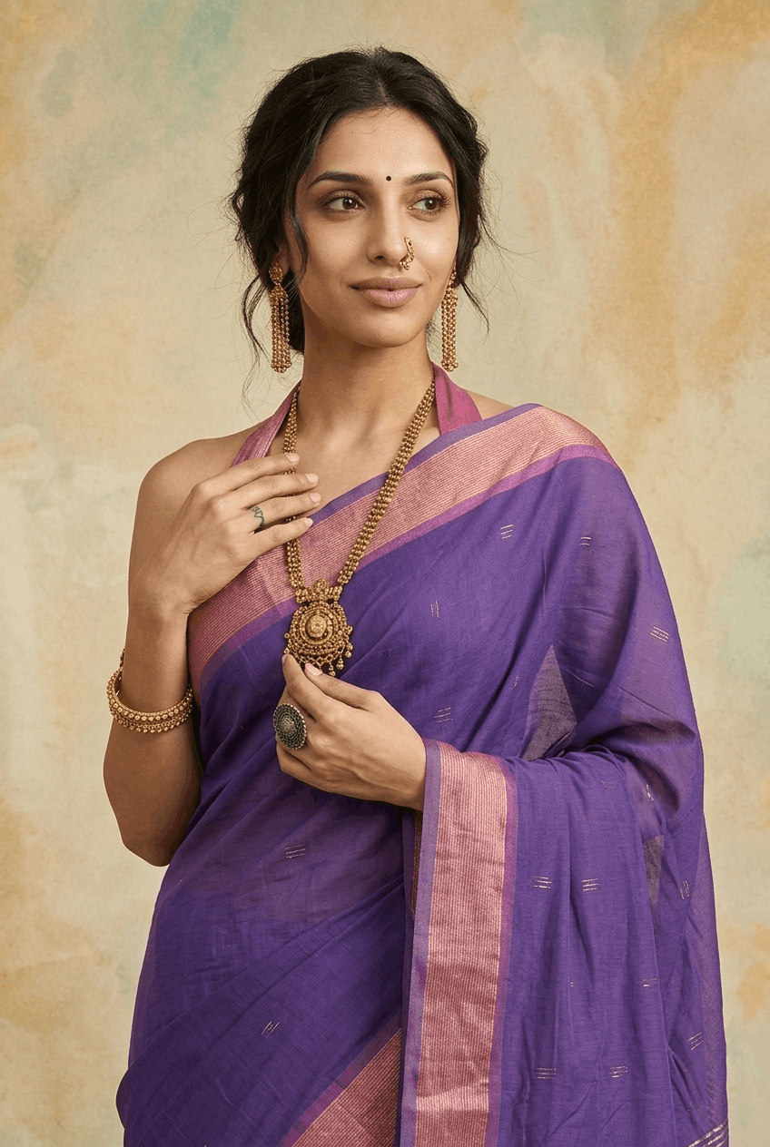 Virasat 2.0 ~ Handloom Pure Cotton Paithani With Asawali, Lotus & Peacock Pallu ~ Royal Purple - verymuchindian.com