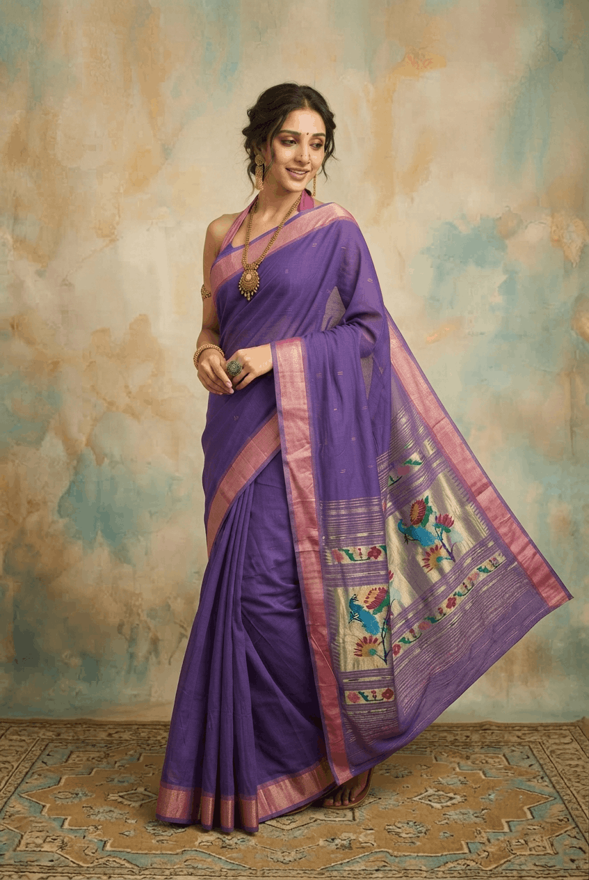 Virasat 2.0 ~ Handloom Pure Cotton Paithani With Asawali, Lotus & Peacock Pallu ~ Royal Purple - verymuchindian.com