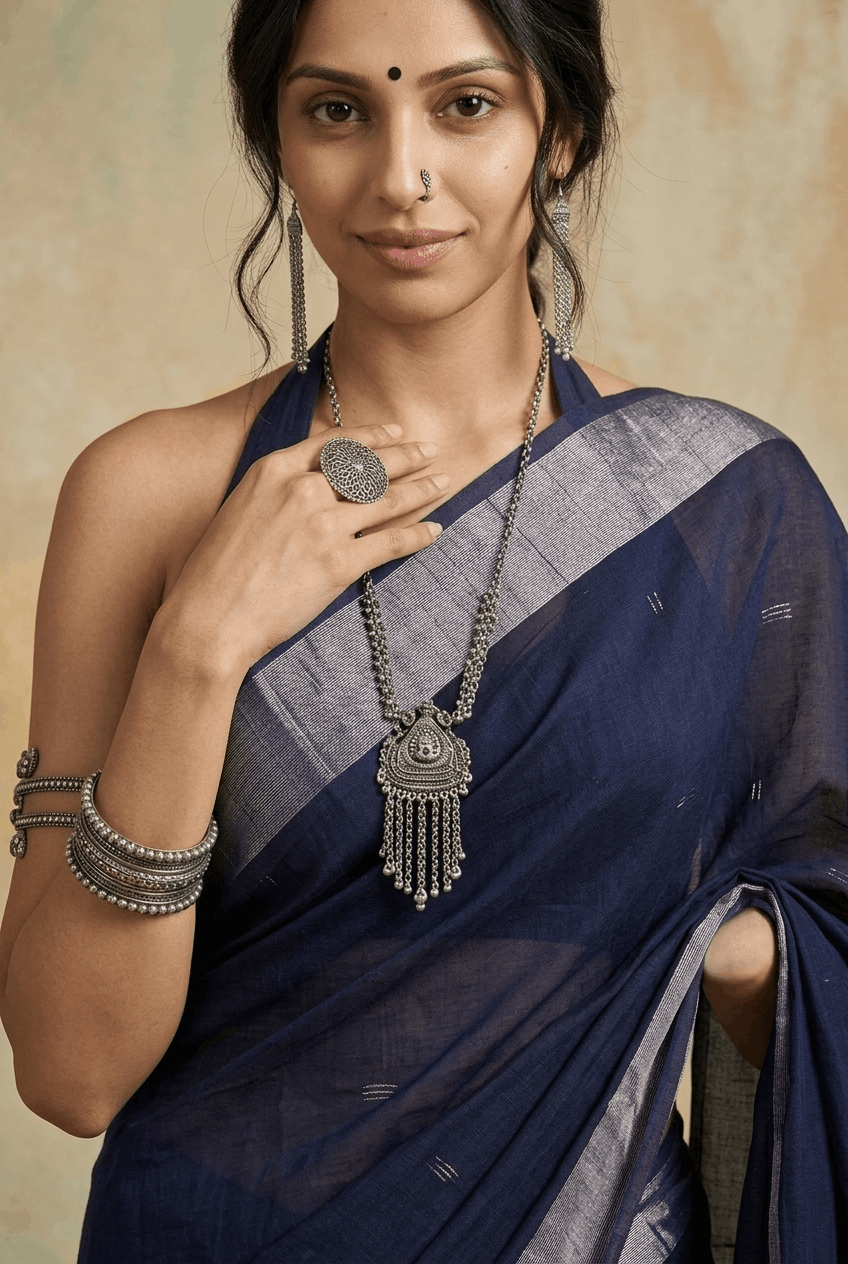 Virasat 2.0 ~ Handloom Pure Cotton Paithani With Asawali Pallu ~ Navy Blue - verymuchindian.com