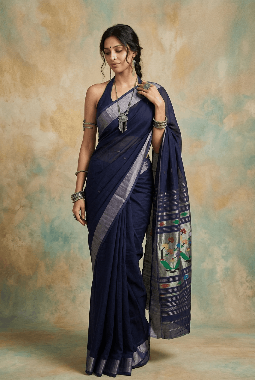Virasat 2.0 ~ Handloom Pure Cotton Paithani With Asawali Pallu ~ Navy Blue - verymuchindian.com