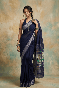 Virasat 2.0 ~ Handloom Pure Cotton Paithani With Asawali Pallu ~ Navy Blue - verymuchindian.com