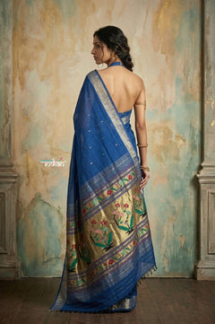 Virasat 2.0 ~ Handloom Pure Cotton Paithani With Asawali Pallu ~ Royal Blue - verymuchindian.com