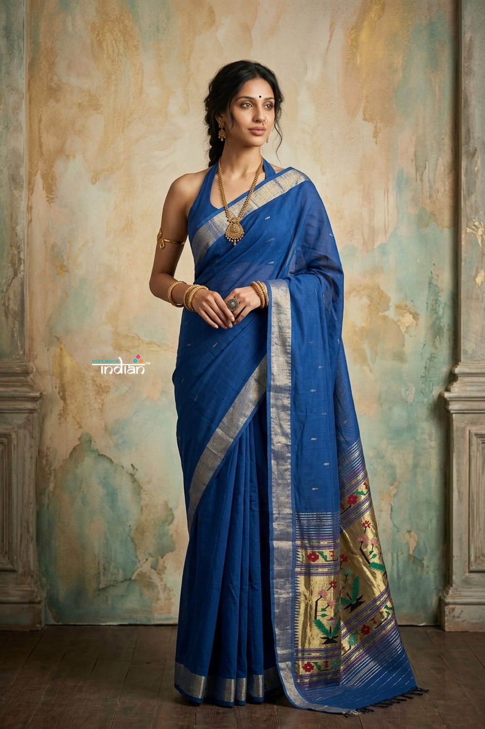 Virasat 2.0 ~ Handloom Pure Cotton Paithani With Asawali Pallu ~ Royal Blue - verymuchindian.com