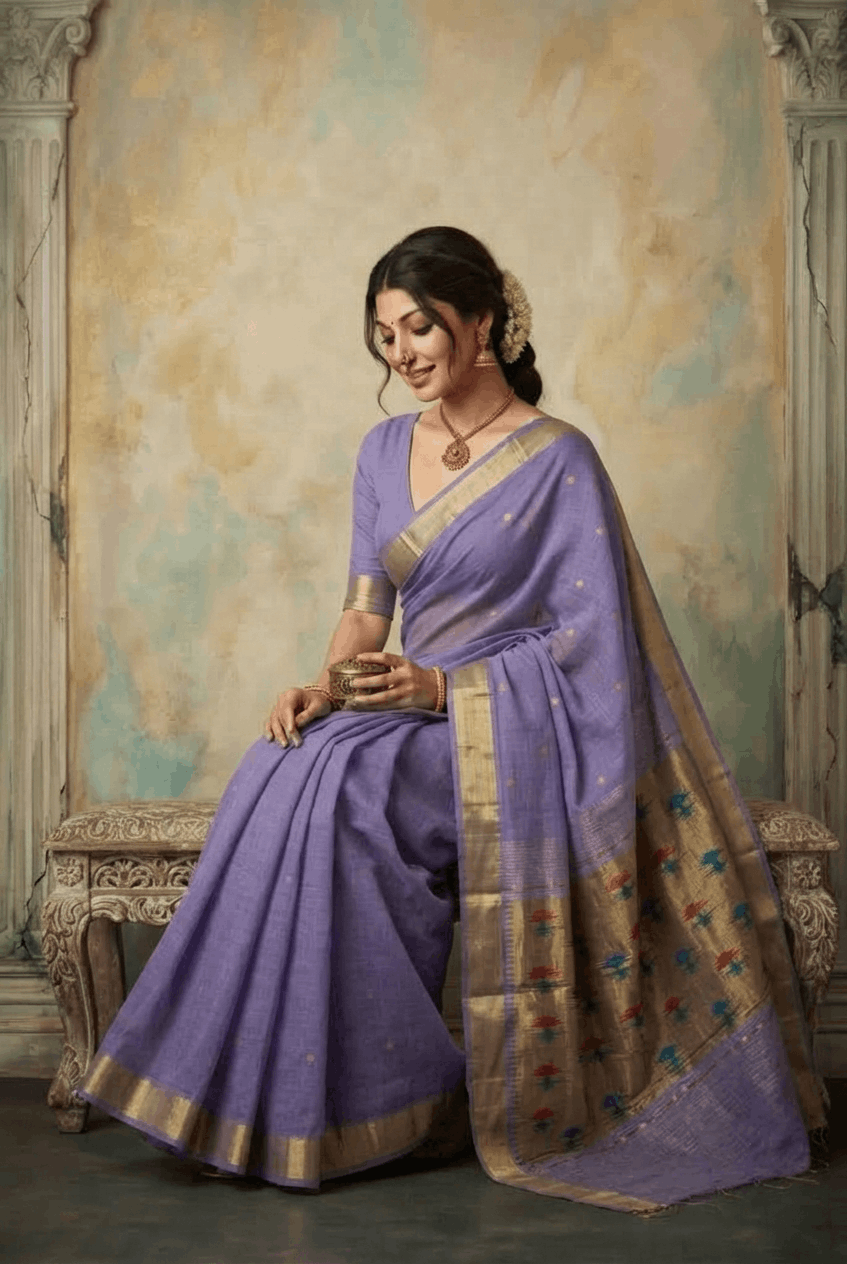 Virasat 2.0 ~ Handloom Pure Cotton Paithani With Designer Asawali Pallu ~ Lavender - verymuchindian.com