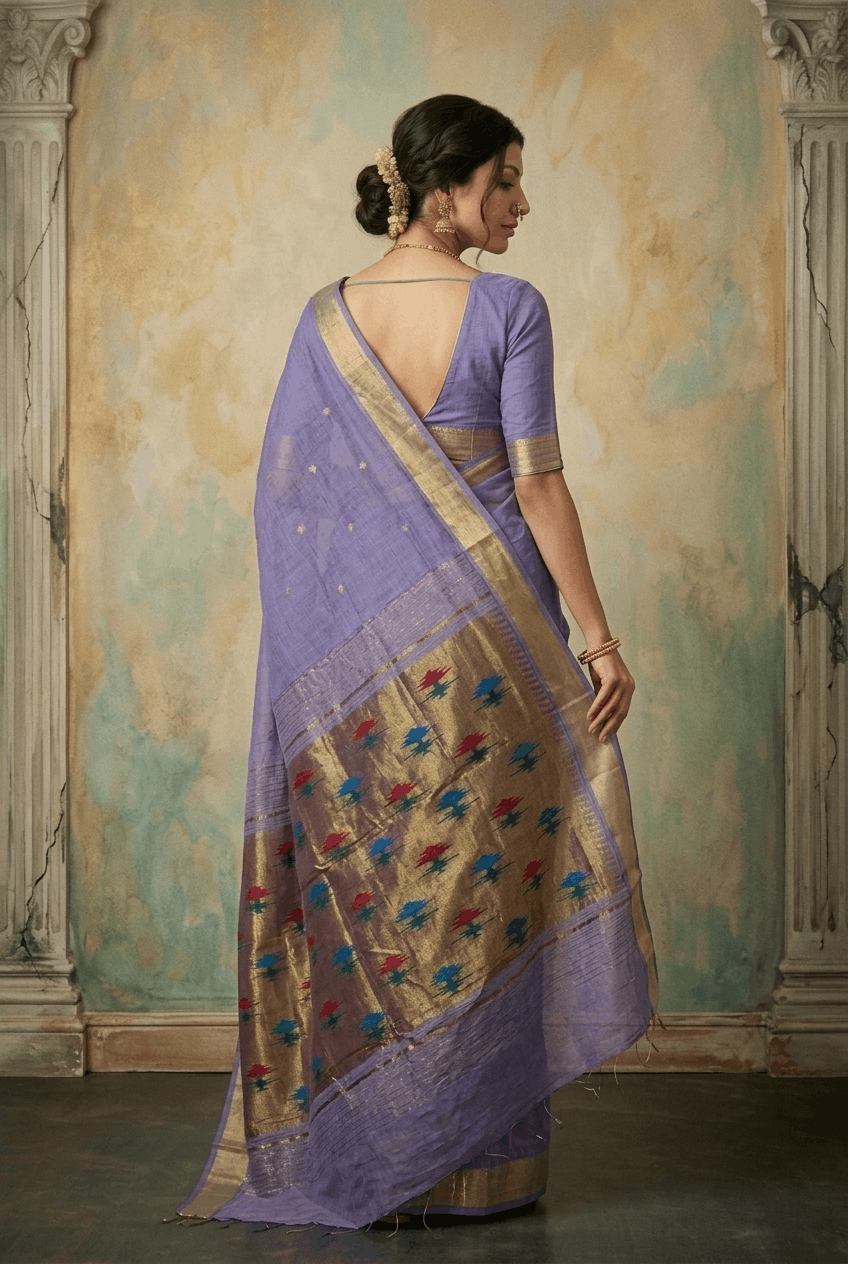 Virasat 2.0 ~ Handloom Pure Cotton Paithani With Designer Asawali Pallu ~ Lavender - verymuchindian.com