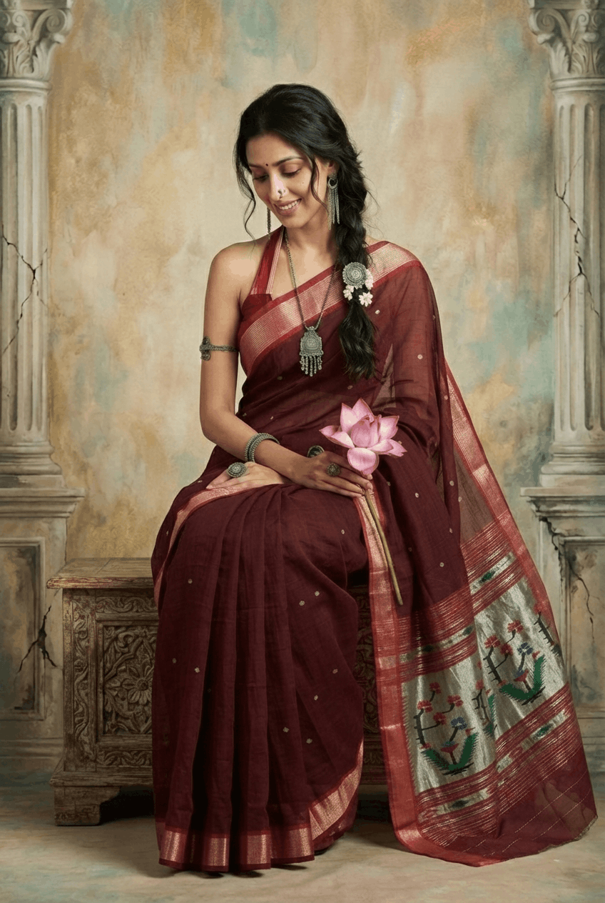 Virasat 2.0 ~ Handloom Pure Cotton Paithani With Designer Asawali Pallu ~ Maroon - verymuchindian.com