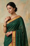 Virasat 2.0 ~ Handloom Pure Cotton Paithani With Designer Maa Durga Pallu ~ Forest Green - verymuchindian.com