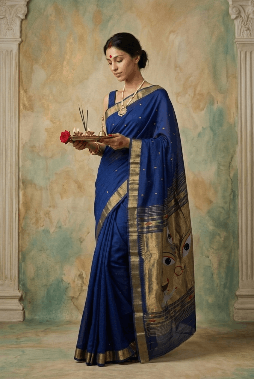 Virasat 2.0 ~ Handloom Pure Cotton Paithani With Designer Maa Durga Pallu ~ Royal Blue - verymuchindian.com