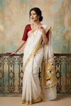 Virasat 2.0 ~ Handloom Pure Cotton Paithani With Designer Maa Durga Pallu ~ White - verymuchindian.com