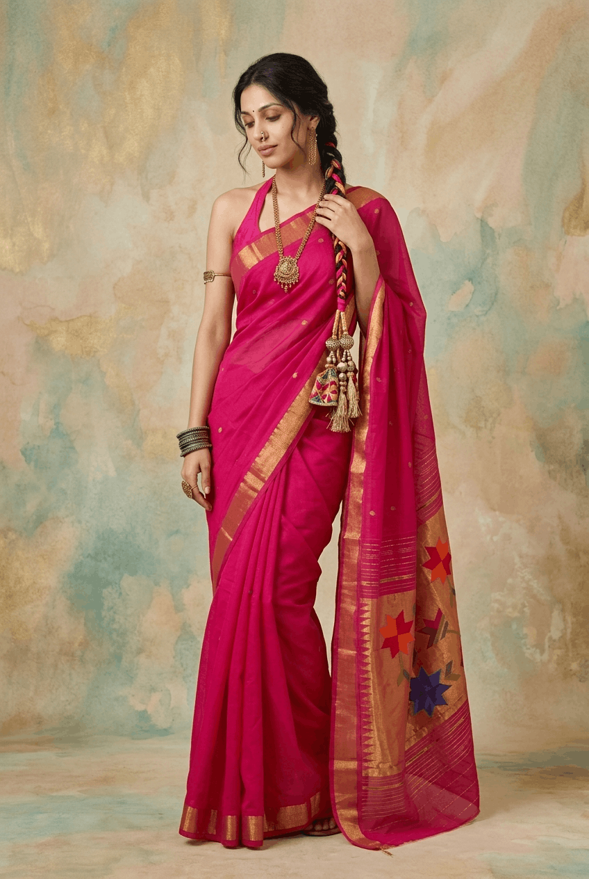 Virasat 2.0 ~ Handloom Pure Cotton Paithani With Designer Phulkari Motif Pallu ~ Fuchsia Pink - verymuchindian.com