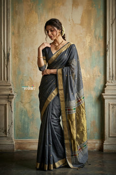 Virasat 2.0 ~ Handloom Pure Cotton Paithani With Designer Zari Pallu ~ Grey - verymuchindian.com