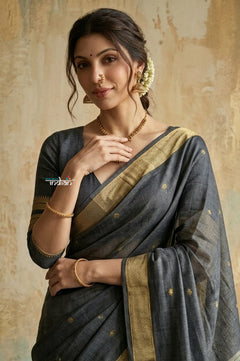 Virasat 2.0 ~ Handloom Pure Cotton Paithani With Designer Zari Pallu ~ Grey - verymuchindian.com