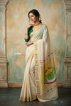 Virasat 2.0 ~ Handloom Pure Cotton Paithani With Kathkali Pacha Face Pallu~ White - verymuchindian.com