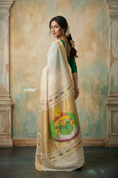 Virasat 2.0 ~ Handloom Pure Cotton Paithani With Kathkali Pacha Face Pallu~ White - verymuchindian.com