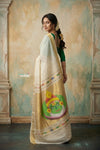 Virasat 2.0 ~ Handloom Pure Cotton Paithani With Kathkali Pacha Face Pallu~ White - verymuchindian.com