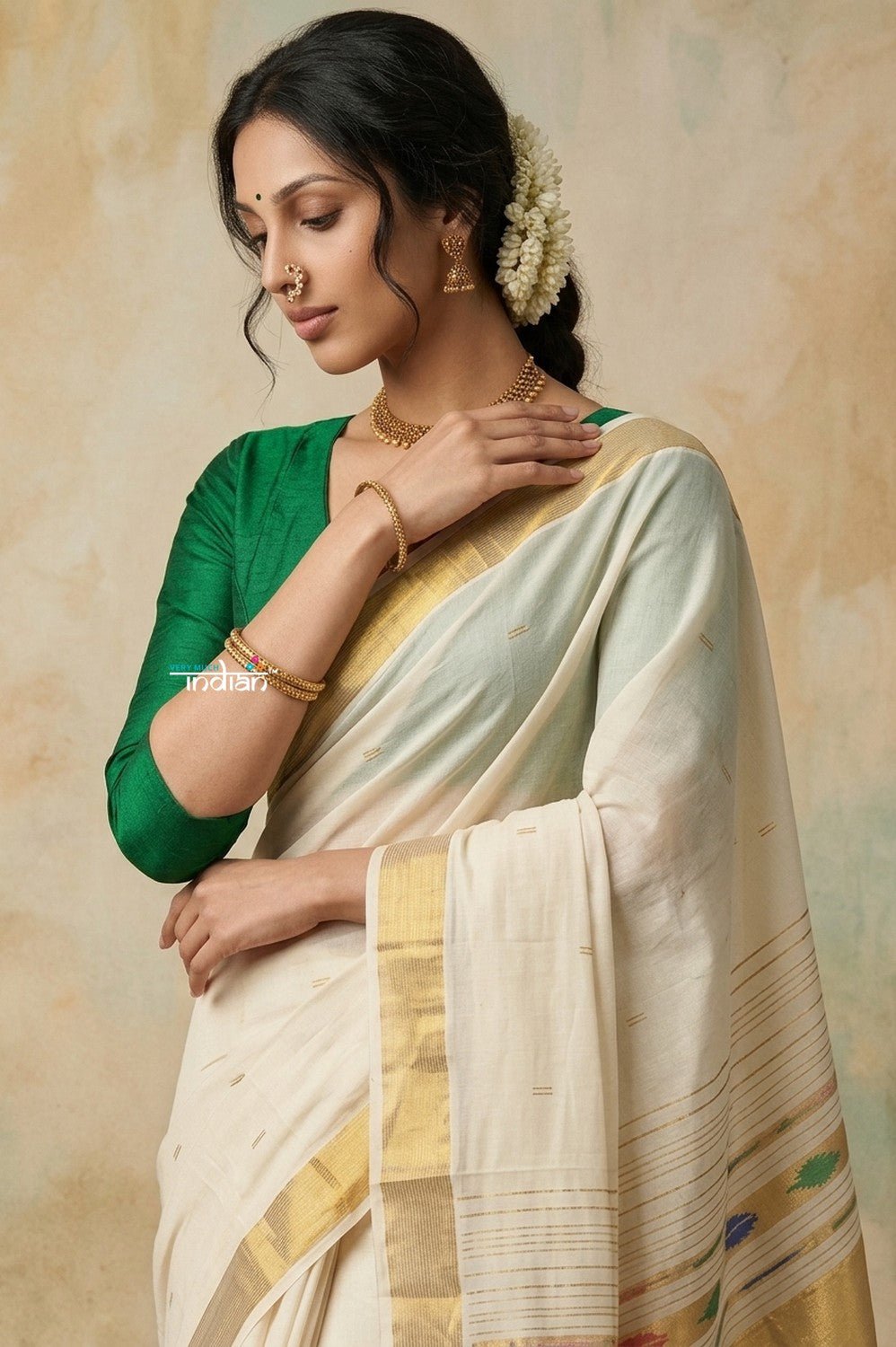Virasat 2.0 ~ Handloom Pure Cotton Paithani With Kathkali Pacha Face Pallu~ White - verymuchindian.com