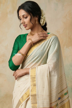 Virasat 2.0 ~ Handloom Pure Cotton Paithani With Kathkali Pacha Face Pallu~ White - verymuchindian.com