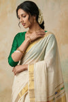 Virasat 2.0 ~ Handloom Pure Cotton Paithani With Kathkali Pacha Face Pallu~ White - verymuchindian.com