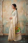 Virasat 2.0 ~ Handloom Pure Cotton Paithani With Kathkali Pacha Face Pallu~ White - verymuchindian.com