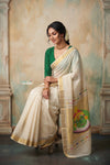 Virasat 2.0 ~ Handloom Pure Cotton Paithani With Kathkali Pacha Face Pallu~ White - verymuchindian.com