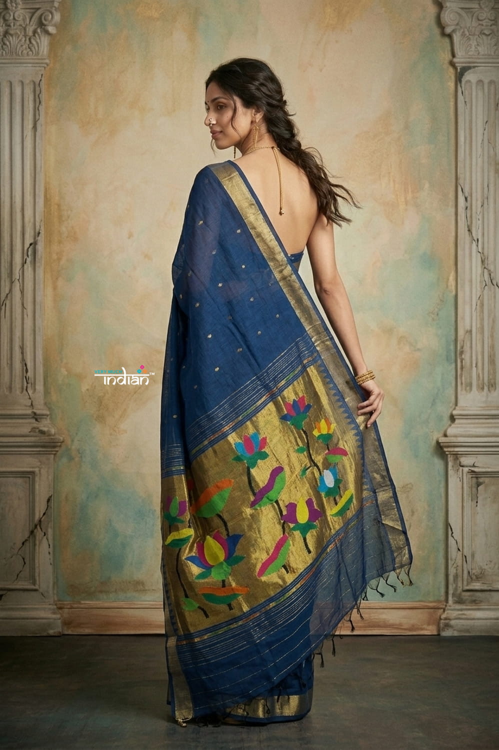 Virasat 2.0 ~ Handloom Pure Cotton Paithani With Lotus Pallu ~ Navy Blue - verymuchindian.com