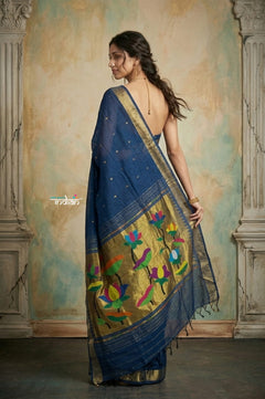 Virasat 2.0 ~ Handloom Pure Cotton Paithani With Lotus Pallu ~ Navy Blue - verymuchindian.com