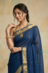 Virasat 2.0 ~ Handloom Pure Cotton Paithani With Lotus Pallu ~ Navy Blue - verymuchindian.com