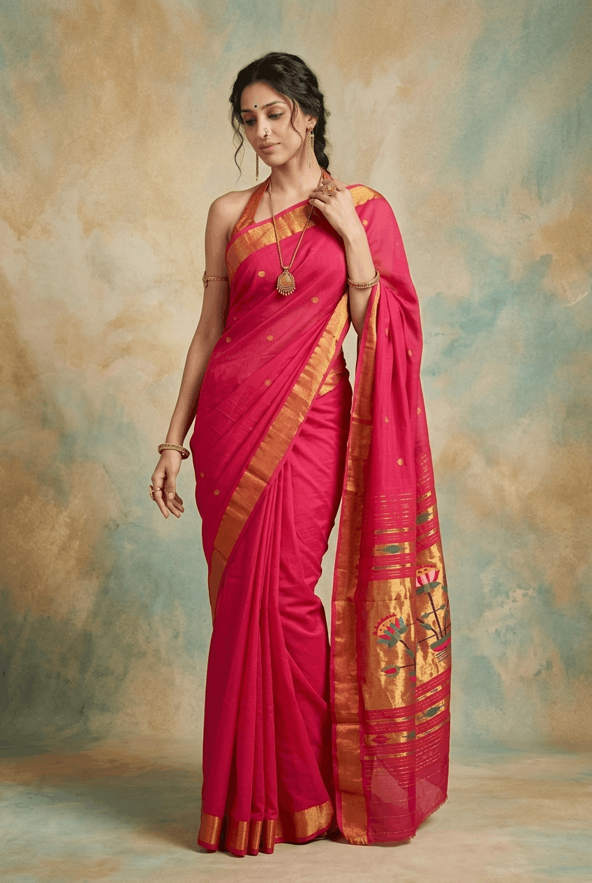 Virasat 2.0 ~ Handloom Pure Cotton Paithani With Lotus Pallu ~ Rani Pink - verymuchindian.com