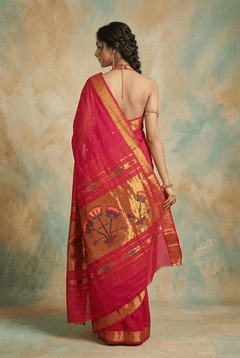 Virasat 2.0 ~ Handloom Pure Cotton Paithani With Lotus Pallu ~ Rani Pink - verymuchindian.com