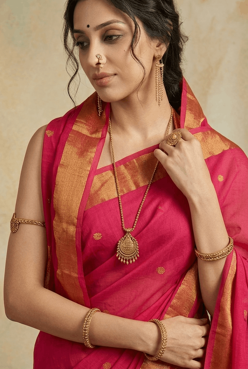 Virasat 2.0 ~ Handloom Pure Cotton Paithani With Lotus Pallu ~ Rani Pink - verymuchindian.com