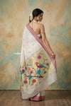 Virasat 2.0 ~ Handloom Pure Cotton Paithani With Muniya Buttis and Parrot Pallu ~ White - verymuchindian.com