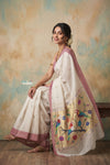 Virasat 2.0 ~ Handloom Pure Cotton Paithani With Muniya Buttis and Parrot Pallu ~ White - verymuchindian.com