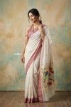 Virasat 2.0 ~ Handloom Pure Cotton Paithani With Muniya Buttis and Parrot Pallu ~ White - verymuchindian.com
