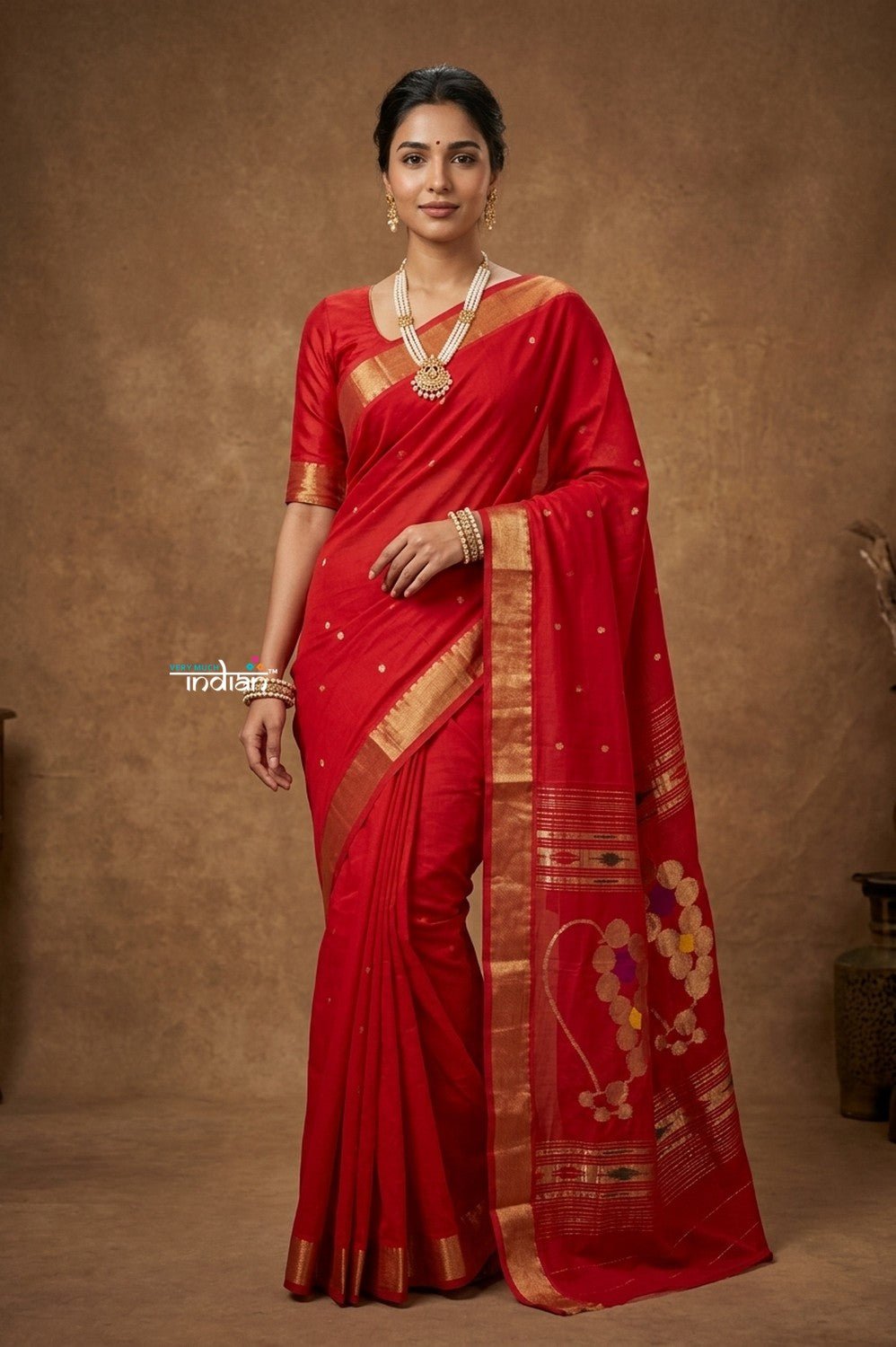 Virasat 2.0 ~ Handloom Pure Cotton Paithani With Nath Pallu~ Red - verymuchindian.com