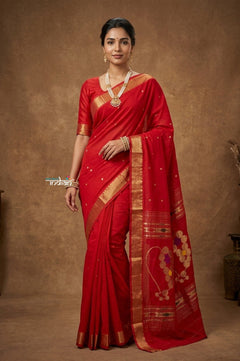 Virasat 2.0 ~ Handloom Pure Cotton Paithani With Nath Pallu~ Red - verymuchindian.com