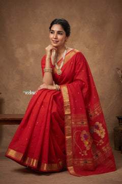 Virasat 2.0 ~ Handloom Pure Cotton Paithani With Nath Pallu~ Red - verymuchindian.com