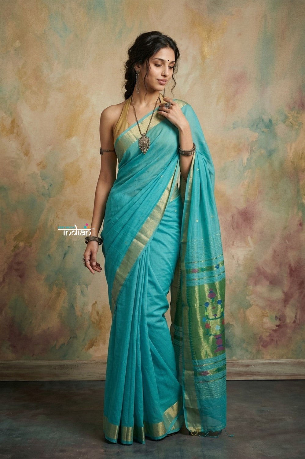 Virasat 2.0 ~ Handloom Pure Cotton Paithani With Revival Asawali Pallu ~ Cyan Blue - verymuchindian.com