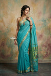 Virasat 2.0 ~ Handloom Pure Cotton Paithani With Revival Asawali Pallu ~ Cyan Blue - verymuchindian.com