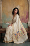 Virasat 2.0 ~ Handloom Pure Cotton Paithani With Revival Phulwari Pallu ~ White - verymuchindian.com