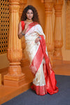 Virasat ~ Banarasi Pure Silk Handloom Saree in White Red (With Silk Mark) - verymuchindian.com