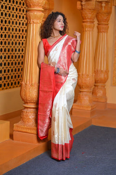 Virasat ~ Banarasi Pure Silk Handloom Saree in White Red (With Silk Mark) - verymuchindian.com