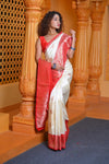 Virasat ~ Banarasi Pure Silk Handloom Saree in White Red (With Silk Mark) - verymuchindian.com